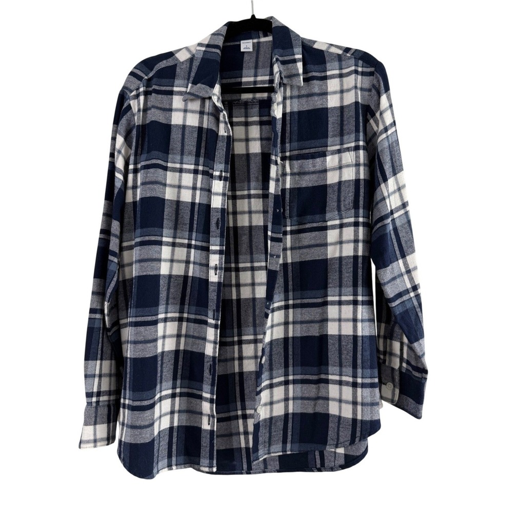 Old Navy Plaid Boyfriend Flannel Shirt Navy Blue White 90s Grunge Small EUC‎